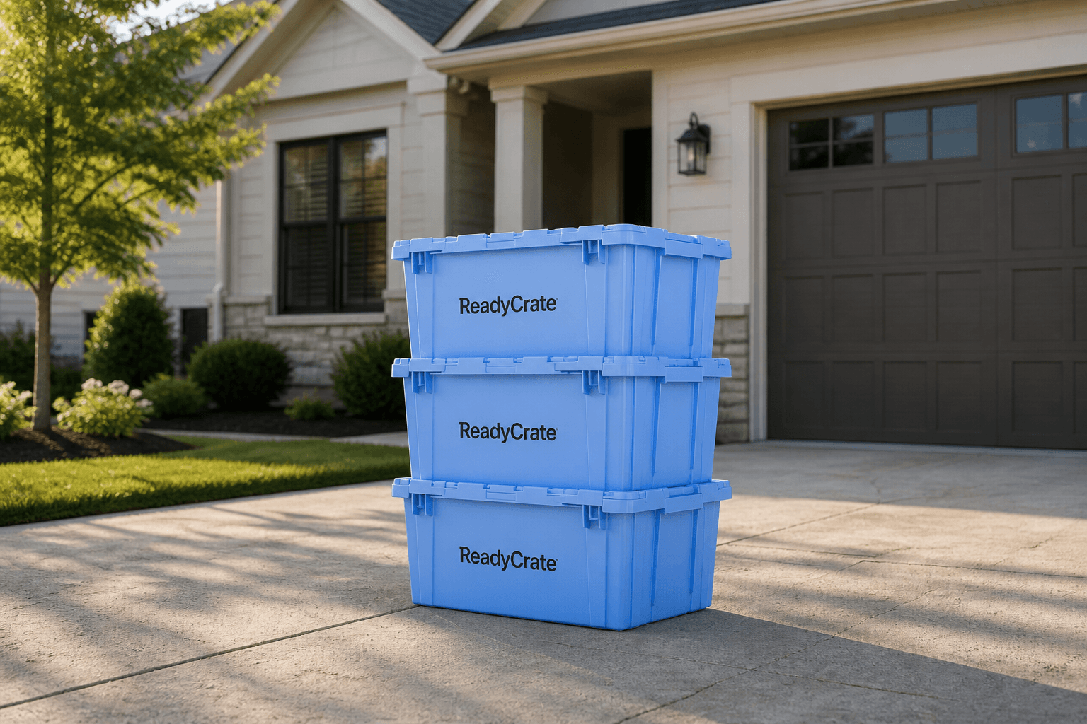 Stack of three branded blue ReadyCrate totes on a suburban driveway, house and garage behind